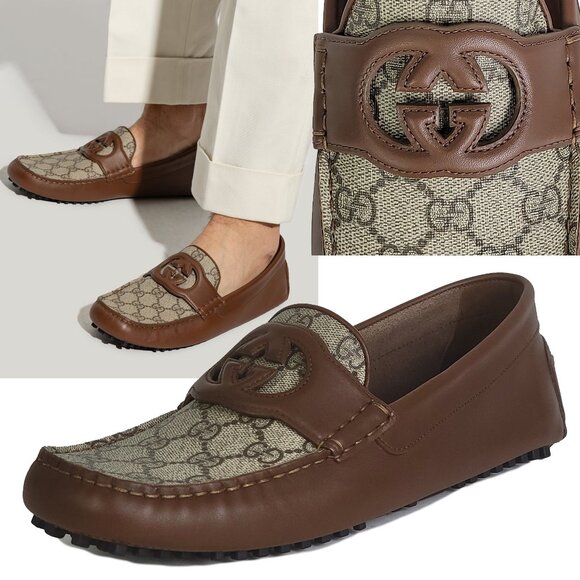 GUCCI SHOES G LOGO SUPREME BROWN LEATHER LOAFERS MOCCASINS  sz 9.5 US 10 - Picture 1 of 15